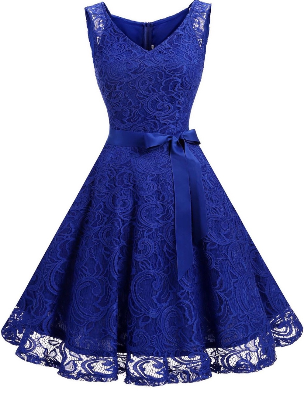 Dressystar Royal Blue Lace Midi Fit-and-Flare Dress with Satin Sash